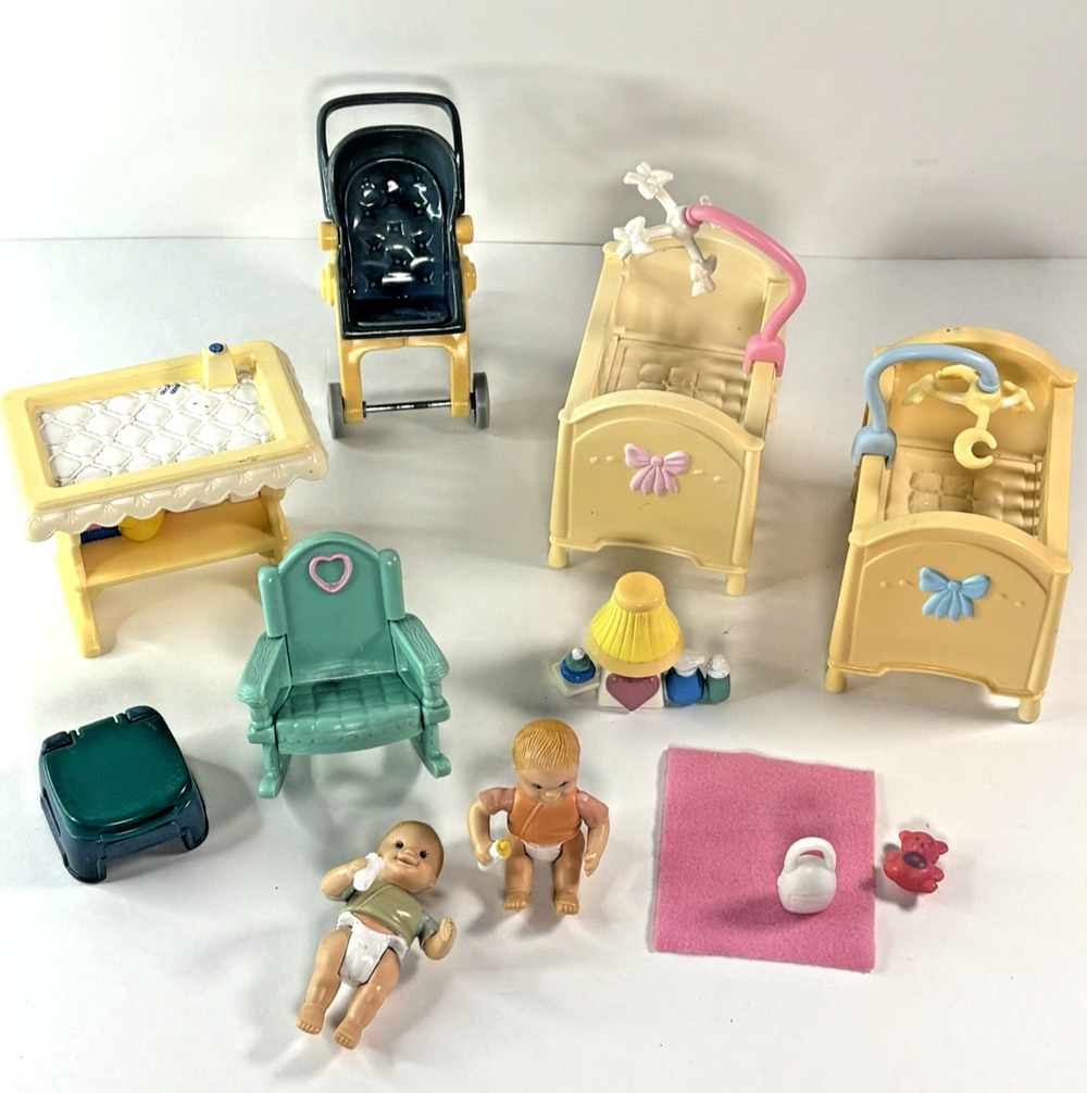 Vtg 90s Fisher Price Loving Family Furniture Twin Babies Nursery Cribs Stroller